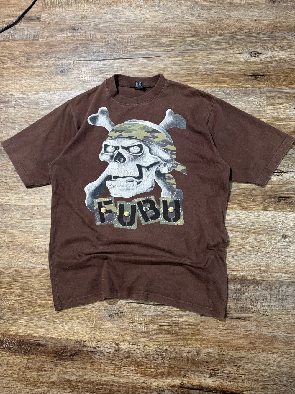 Y2K FUBU Men's Brown Graphic Skull Tee